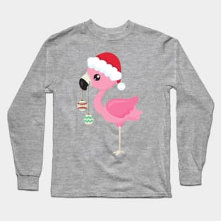 Christmas Flamingo, Santa Hat, Christmas Ornaments Long Sleeve T-Shirt